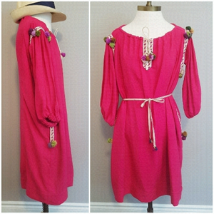 Handmade Pink Silk Ethnic Boho Pom Pom Tunic Dress - M